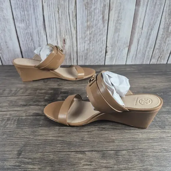 Tory Burch GIGI 65mm Wedge Royal Tan Leather Sandals Open Toe Women's Sz 11 M - Picture 5 of 9
